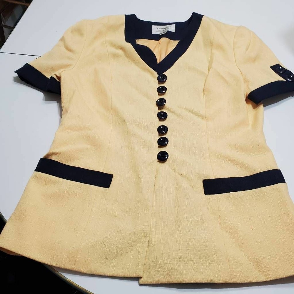 Amanda Smith Womens Suit Jacket Blazer Beige Pocket V Neck Button Short Sleeve 6